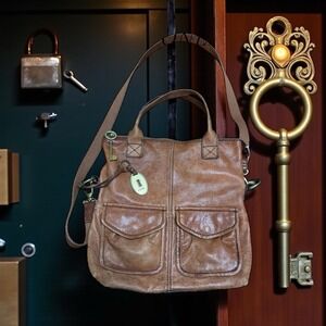 Fossil Long Live Vintage Brown Embossed  Key& Lock Leather Messenger Crossbody